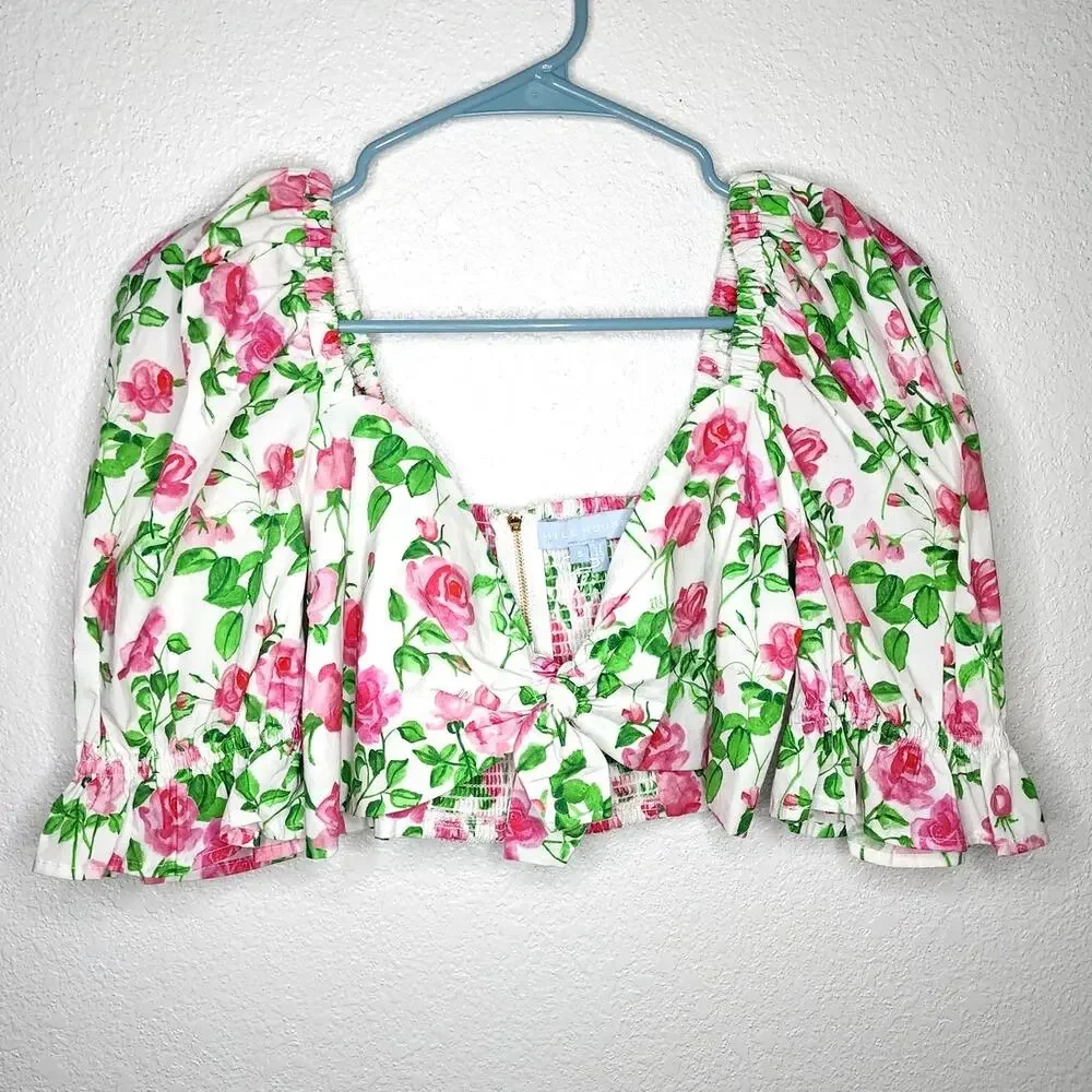 Hill House The Isabella Top in Pink Roses Puff Sleeve Poplin Floral Bow Crop Top